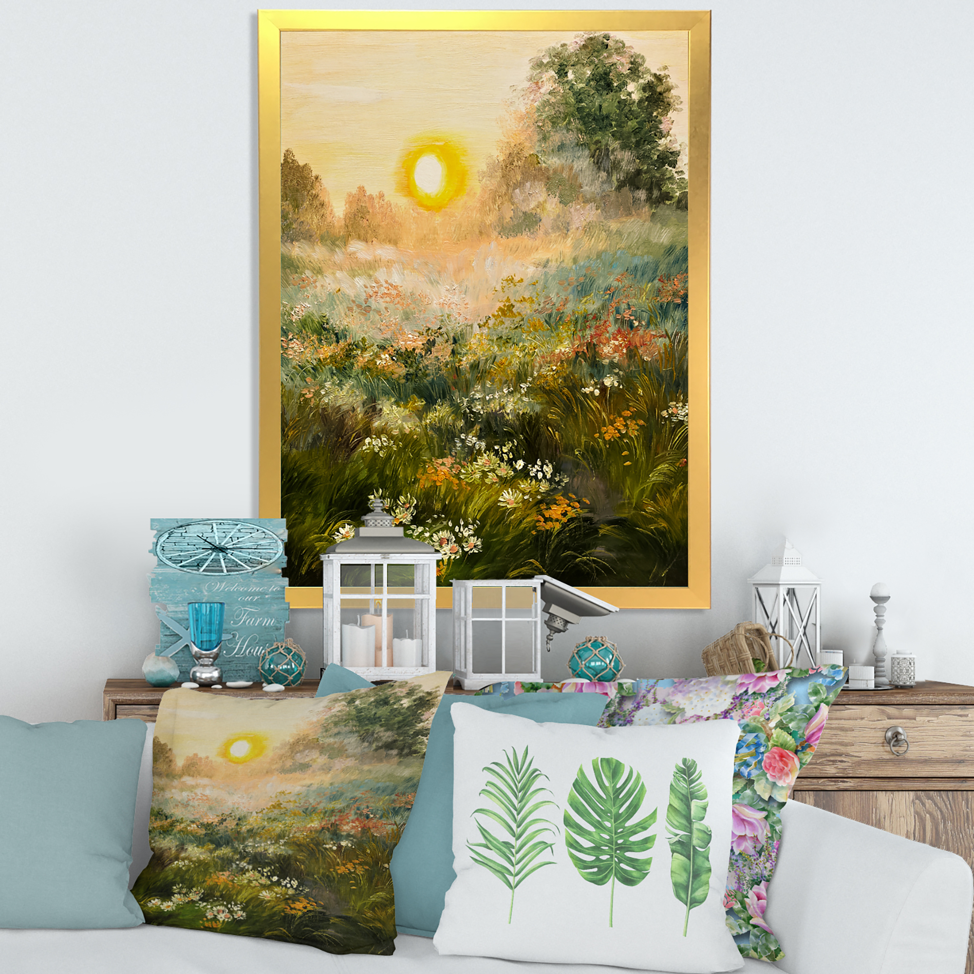 Designart 'The Blossoming Field With Sunrise' Farmhouse Framed Art Print