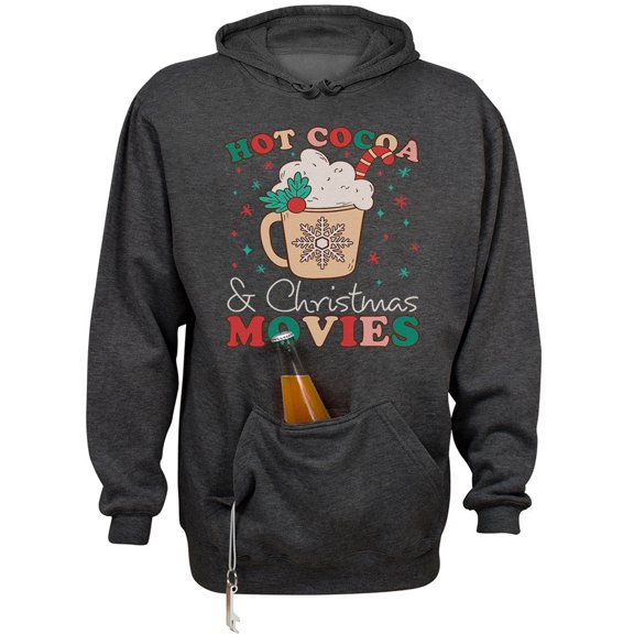 Hot Cocoa and Christmas Movies Beer Holder Tailgate Hoodie Sweatshirt Unisex Large Charcoal Heather
