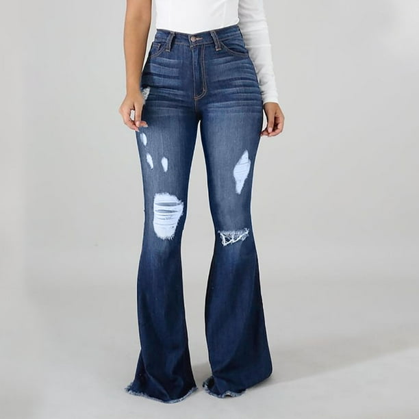 Bell Bottom Jeans for Women High Waisted Stretchy Flare Jeans with Classic  Wide Leg Ripped Raw Hem Denim Pants Trousers