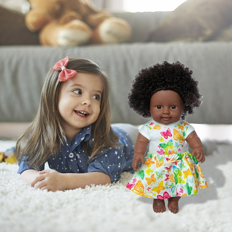 Jikolililili 11.8 Inch Black Baby Girl Doll and Clothes Set African American Realistic Soft Vinyl Washable Dark Skin Baby Doll with Cute Curly Hair