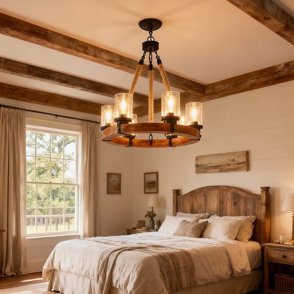 Newest 24” Rustic 6-Light Wood Wagon Wheel Chandelier with Seeded Glass, Farmhouse Pendant for Kitchen Island