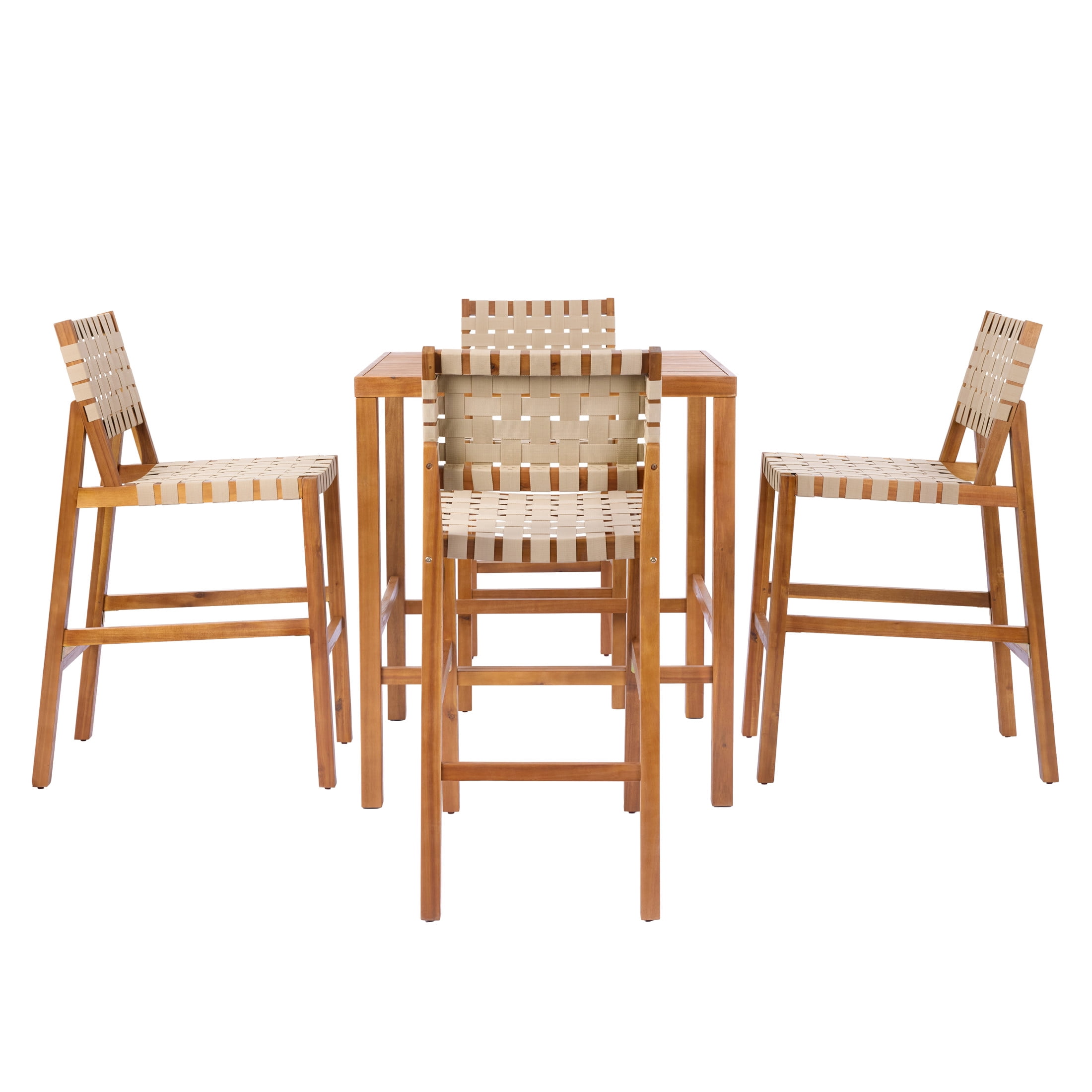 Christopher Knight Home 5-Piece Wooden Outdoor Bar Height Dining Set, Rope Woven Chairs, Teak+Beige