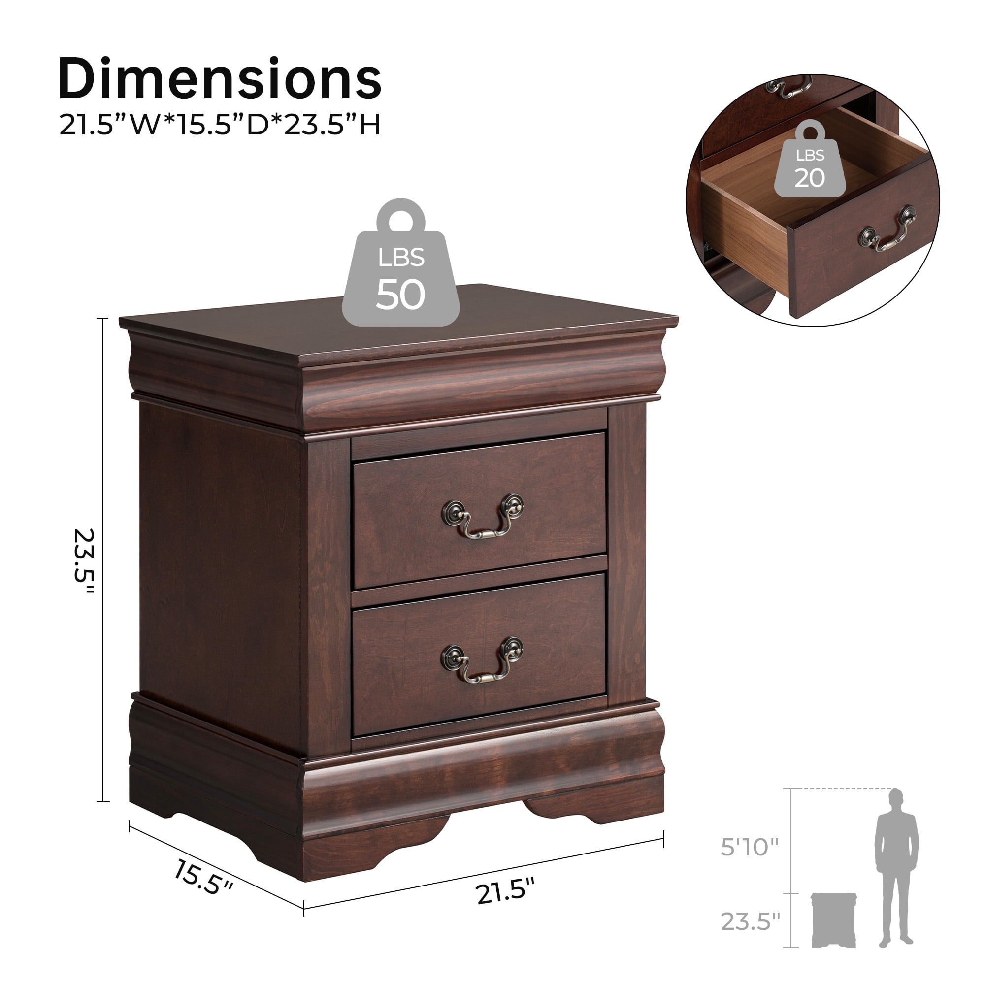 Leovanni Solid Wood Nightstand , End Table with Drawers and Metal Handles, No Assembly Required, For Bedroom, Living Room, Adult, Cherry