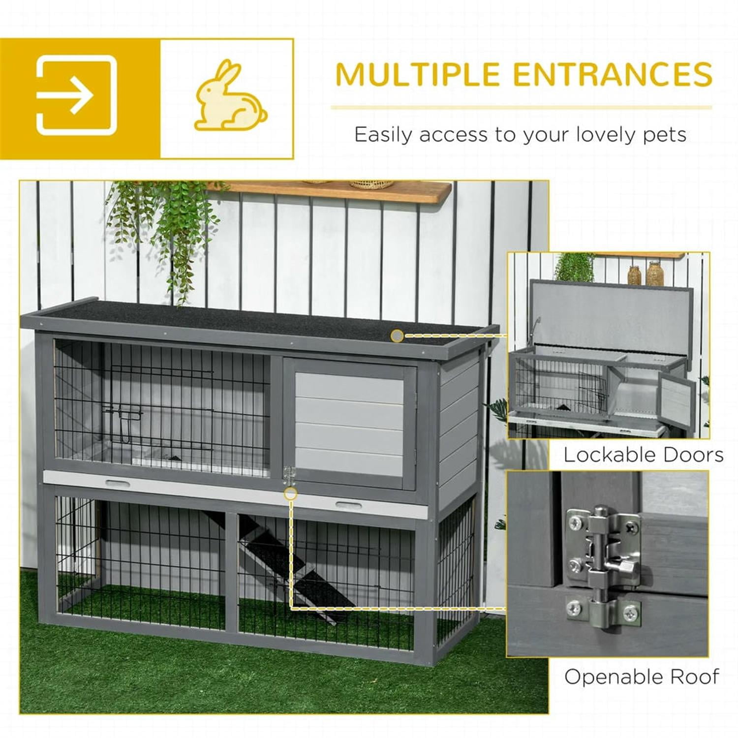 resenkos 43" 2-Story Wooden Rabbit Hutch with Slide-out Tray, Outdoor Small Animal Habitat Enclosure Bunny Cage for Bunnies, Guinea Pigs, Gray