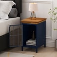thumbnail image 2 of Royard Oaktree Nightstand with Tempered Glass Door, Metal Bedside Table with Solid Wood Tabletop, Vintage Sofa Side Table End Table with Storage Cabinet for Bedroom Living Room, Dark Blue, 2 of 7