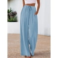 thumbnail image 6 of Wide Leg Pants for Women Drawstring Elastic Waist Trousers with Pockets Summer Vacation Clothes Light Blue S, 6 of 9