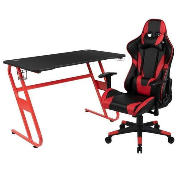 Bowery Hill Z-Frame Gaming Desk and Reclining Swivel Chair in Red