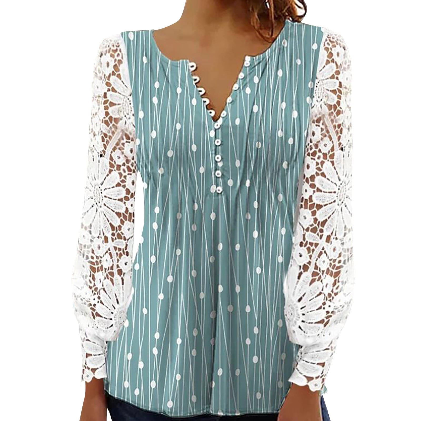 Tops for Women Casual Elegant Womens Summer Cotton Tops Floral Henley V Neck Dressy Casual Flowy