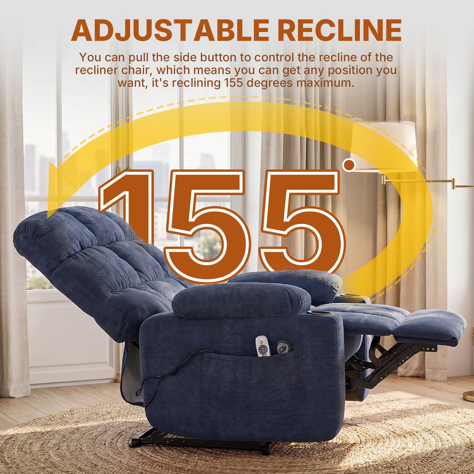 360 Swivel Manual Recliner Chair with Heat and Massage, Overstuffed Comfy Ergonomic Recliner for Elderly Seniors, Lumbar Back Pain Relief w/Pockets, Home Theater Living Room, Blue
