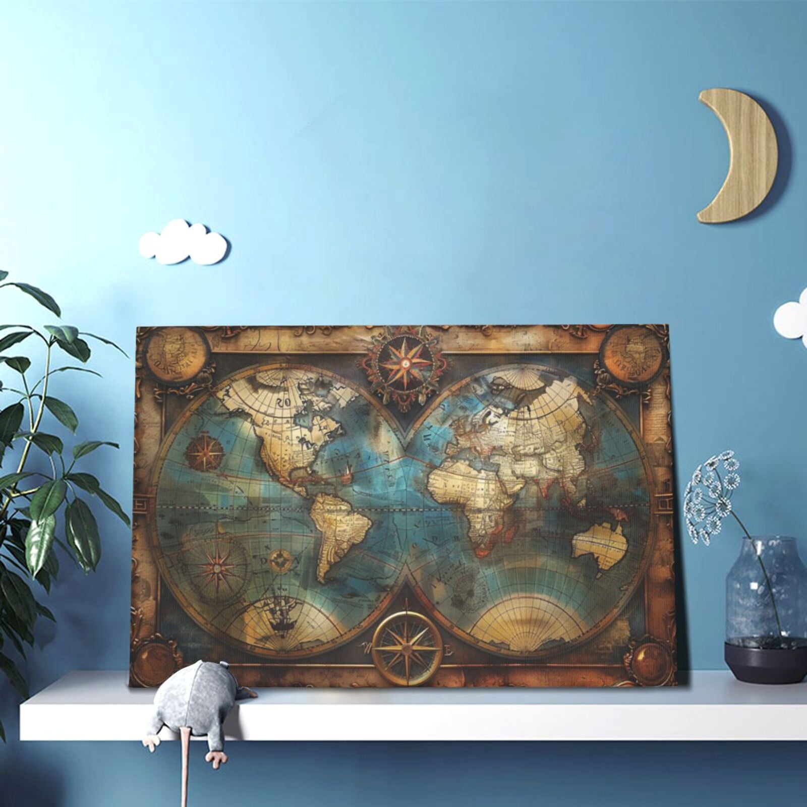 12x18 inch Canvas Hanging Picture Painting Retro Earth Map,Funny Study Canvas Decor Accessory,Indoor Bedroom,Man Cave,Tavern,Study Wall Decor Oil Painting&nbsp;Art Prints,For Retro Art Lover Gift