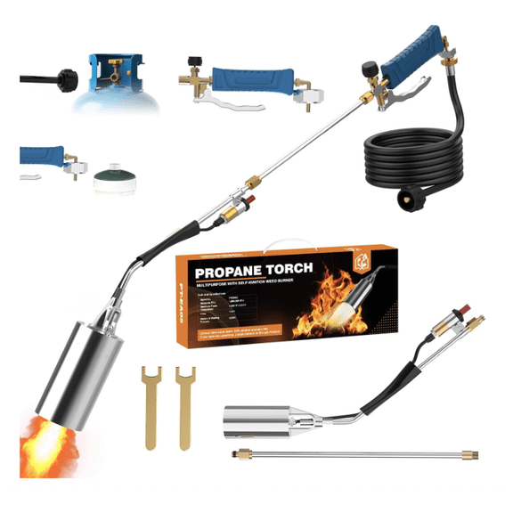 Propane Torch Weed Burner Heavy Duty, 340,000 BTU Propane Weed Torch with 12 FT Hose, Self Igniting Turbo Trigger, 2 Extension Modes, Outdoor Flame Torch for Weeding, Ice Melting, Driveway, Garden