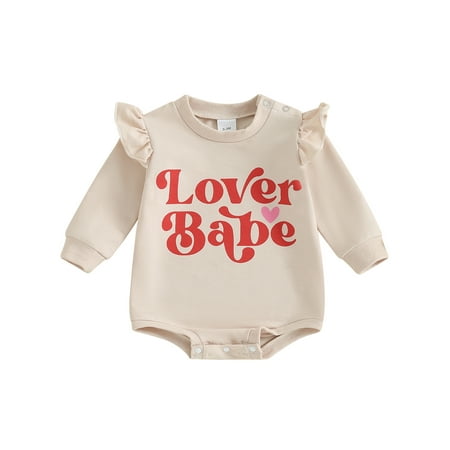 Mevireiy Baby Girl Valentines Romper Heart Print Long Sleeve Onesie Bodysuit Outfits Beige 3-6 Months