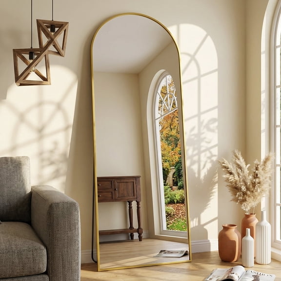 Cuteday Arched Full Length Mirror with Stand, 64"x21" Floor Standing Aluminum Frame for Bedroom Body Hanging Leaning Modern Simple Home Decor, Gold