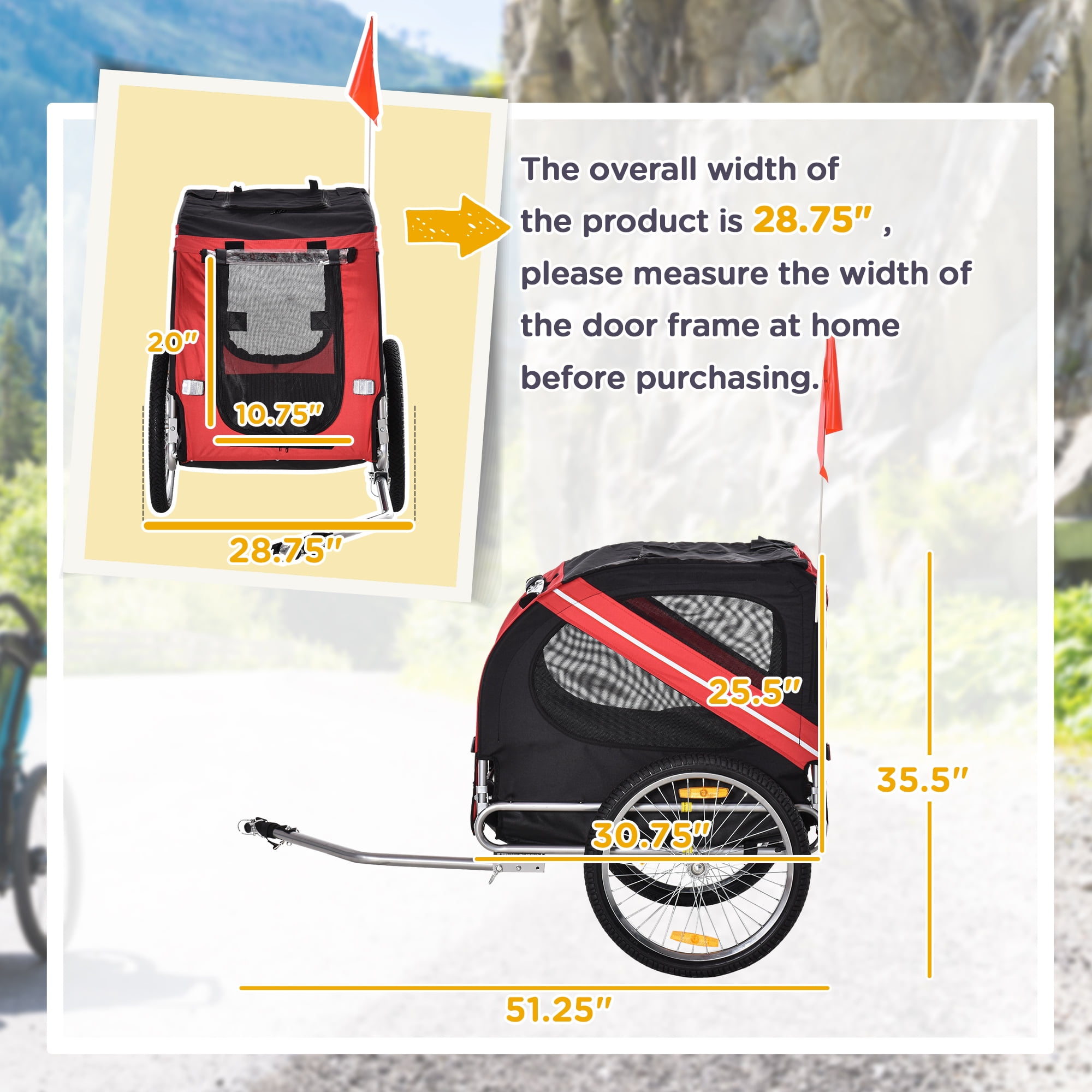Dog Bike Trailer Pet Cart Bicycle Wagon Cargo Carrier Attachment for Travel with 3 Entrances Large Wheels for Off-Road & Mesh Screen