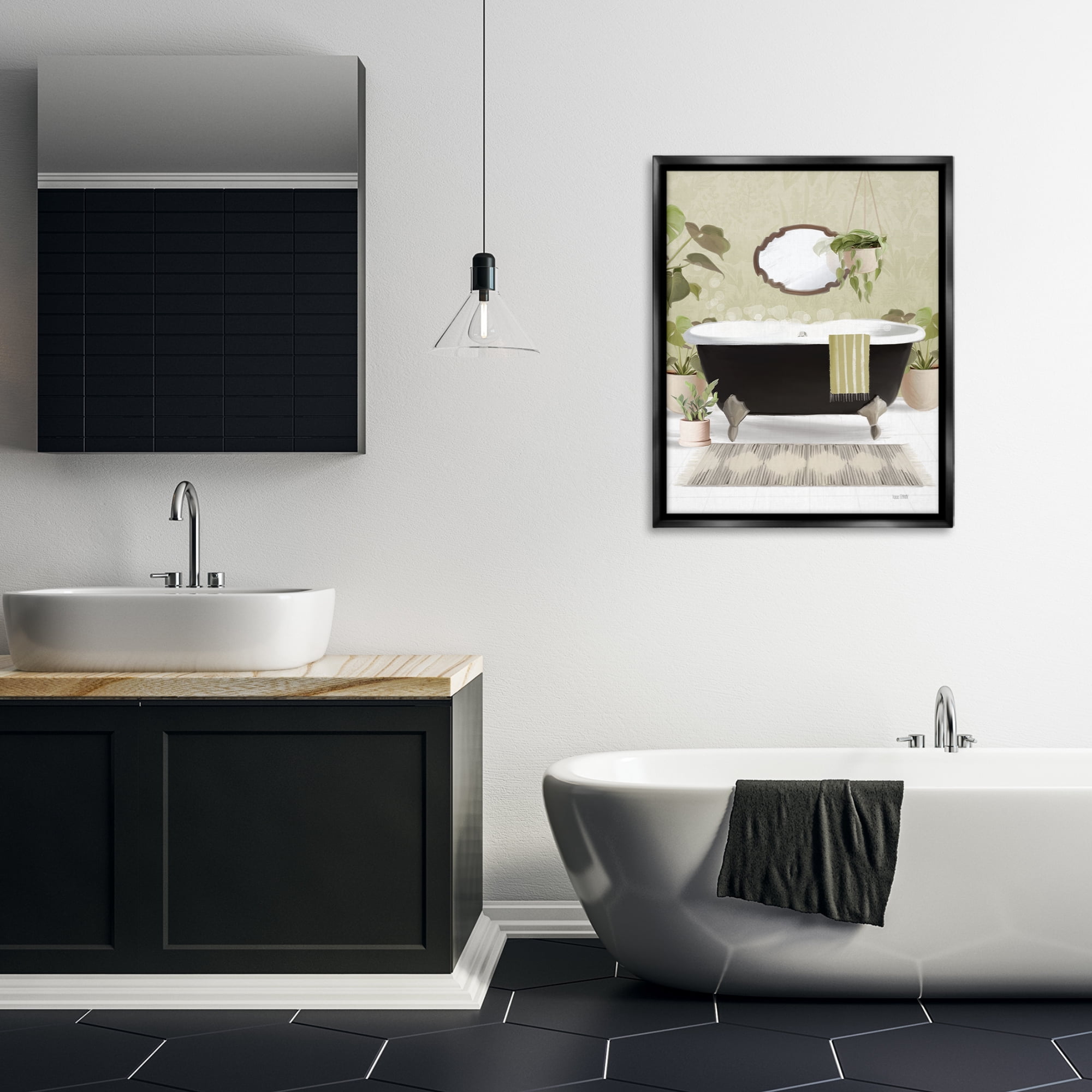 Stupell Industries Relaxing Bathroom Tub Bath & Laundry Painting Black Floater Framed Canvas Art Print Wall Art, 25 x 31