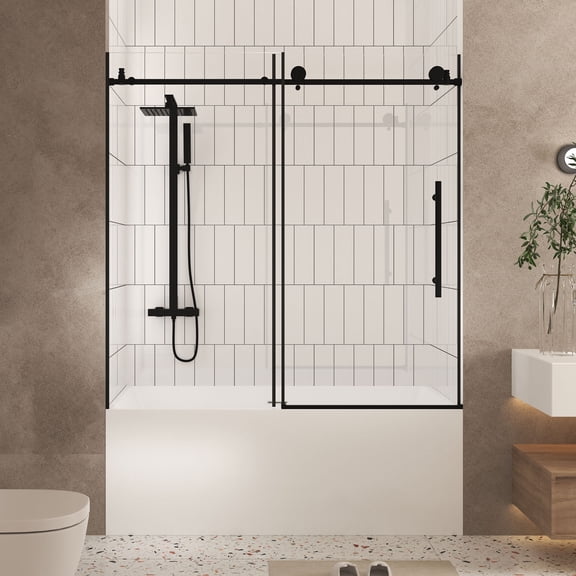 Leumius Frameless Sliding Shower Door,56-60"W x 60" H,1/4" Clear Tempered Glass,Stainless Steel Handle, Matte Black