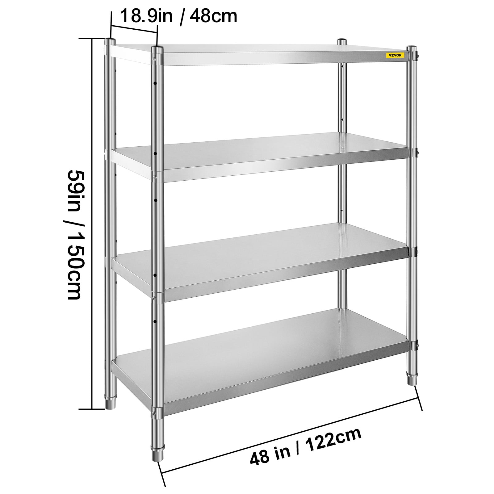 VEVOR Stainless Steel Shelving 46.8x18.5 inch 4 Tier Adjustable Heavy Duty Shelf Storage Unit
