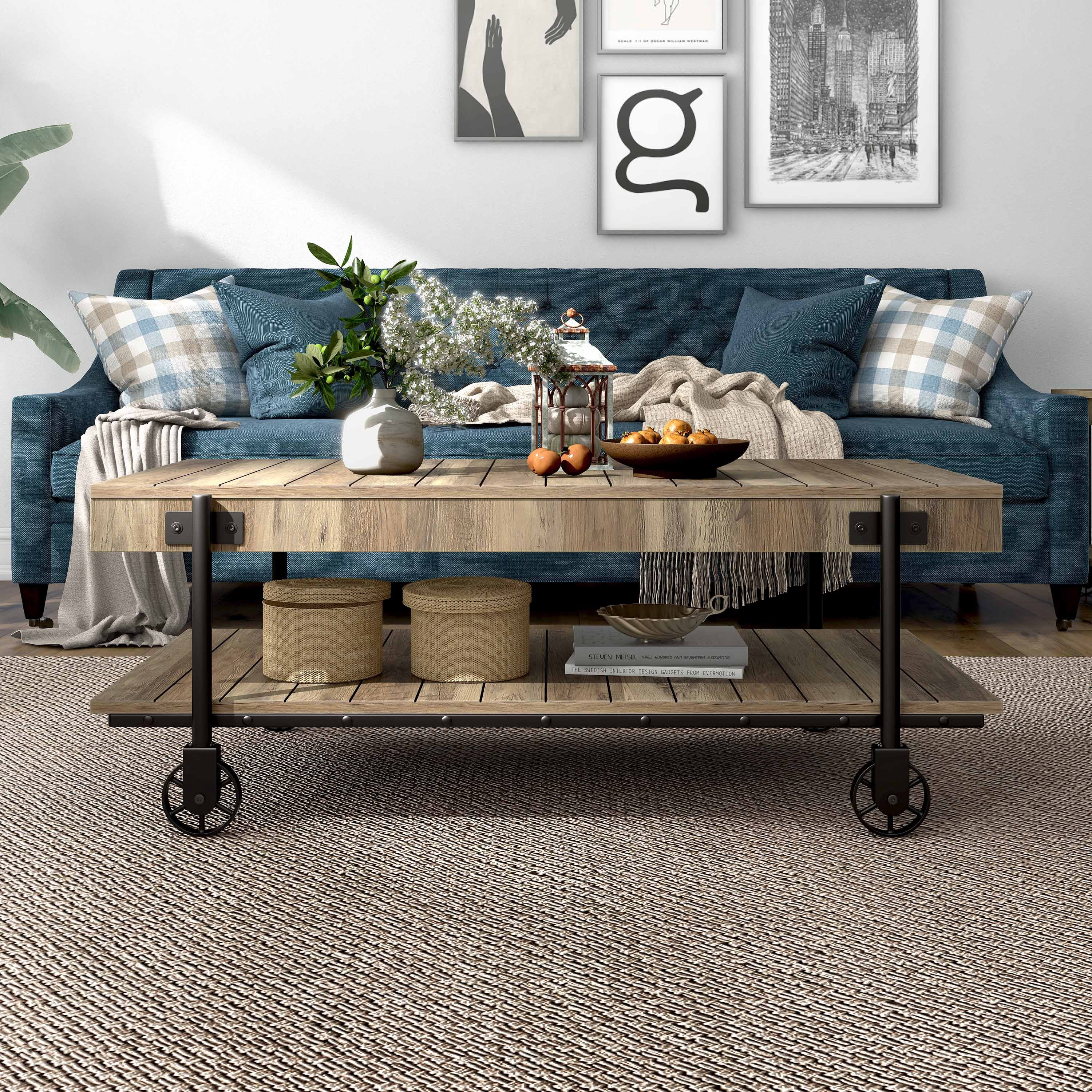 Furniture of America Russe 1-Shelf Wood Rustic Oak Coffee Table with Wheels