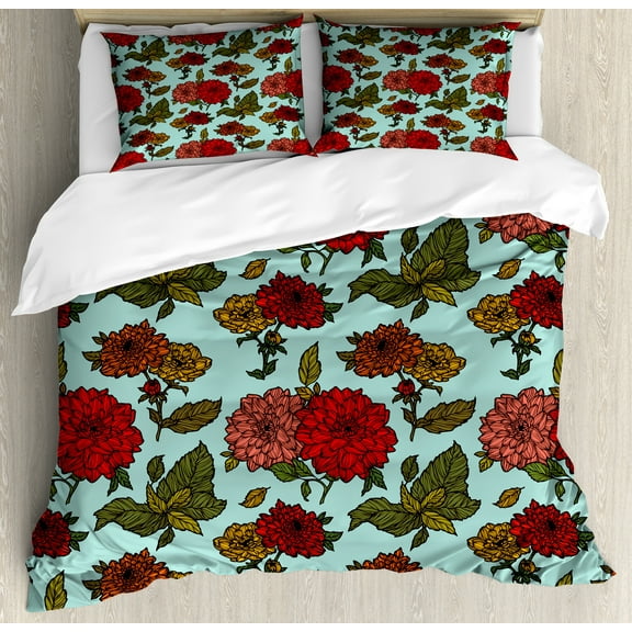 Floral Duvet Cover Set, High Detailed Flowers on a Seafoam Background, Decorative 3 Piece Bedding Set with 2 Pillow Shams, Calking Size, Pale Blue Vermilion, by Ambesonne