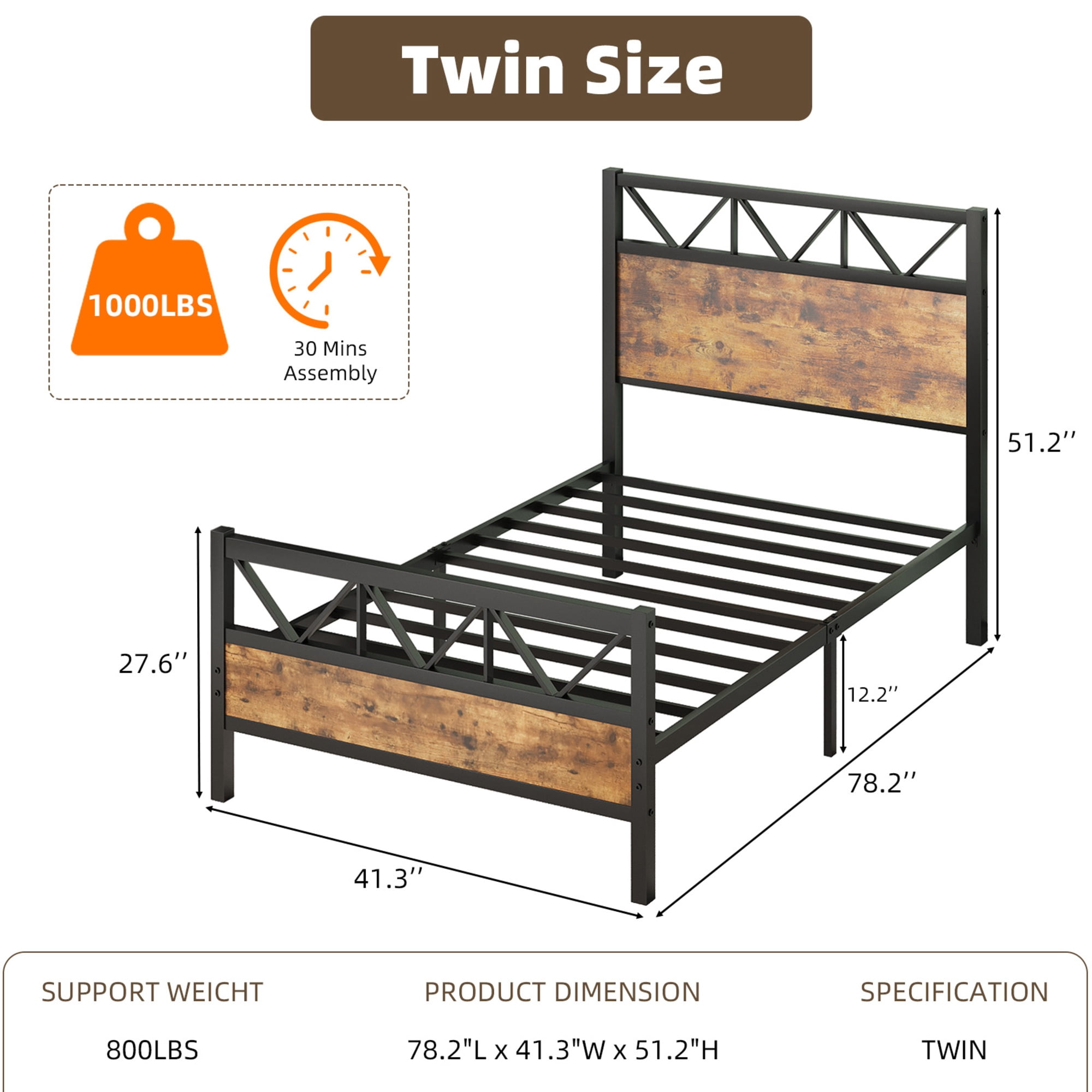 4 EVER WINNER 51.2" Industrial Metal Twin Bed Frames with Tall Headboard & Footboard, Strong Metal Slats Support and Noise-Free Design with Under Bed Storage/No Box Spring Needed, Rustic Brown