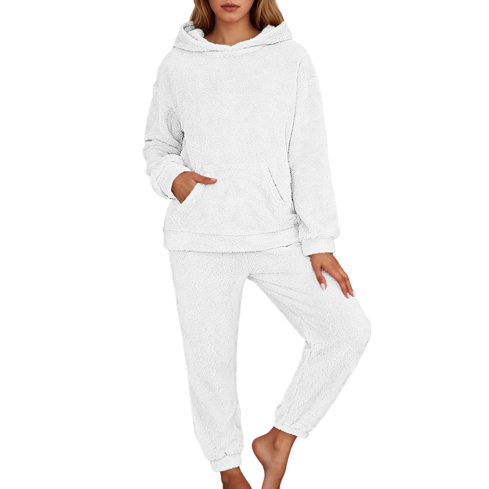 Yuanlong Womens Pajamas Sets Winter Fluffy Sleepwear For Long Sleeve Hooded Top & Pant Lounge Sets Holiday Homewear Thermal Pajama