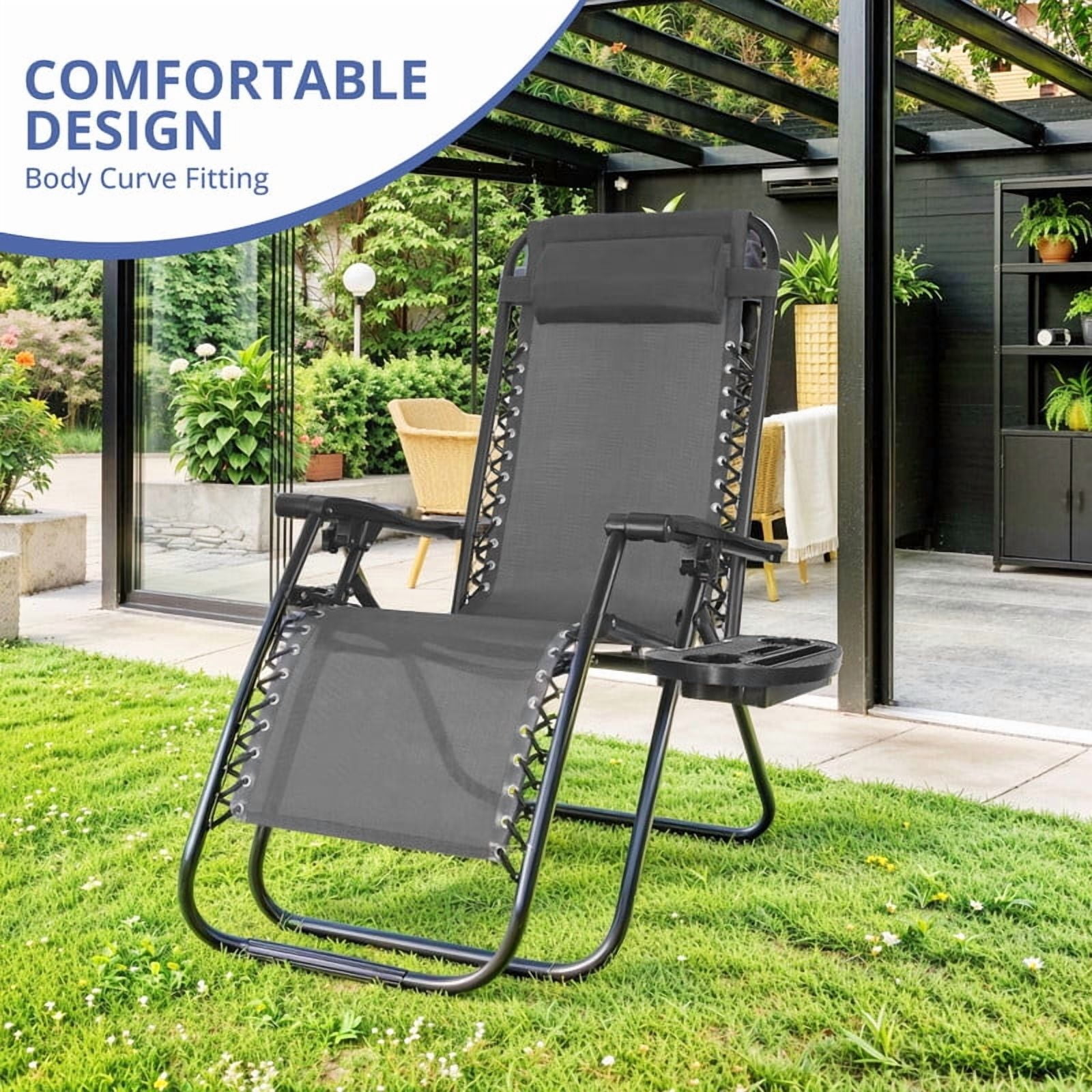 Simenmax Zero Gravity Chair Set of 2 with Cup Holder & Removable Pillows, Adjustable Reclining Outdoor Patio Folding Chairs Portable Lounge Chair Furniture for Poolside, Lawn, Beach, Camping, Black