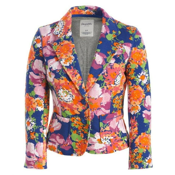 Aeropostale Chaqueta Blazer de Punto Floral para Mujer, Azul, X-Large Aéropostale Chaqueta de sport