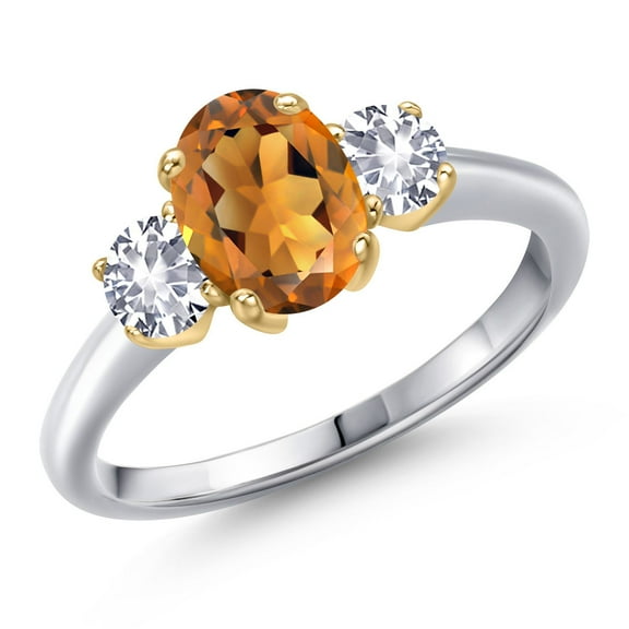 Gem Stone King 10K Two Tone Gold Orange Red Madeira Citrine and White Created Sapphire Engagement Ring for Women | 1.60 Cttw | Oval 8X6MM | Gemstone November Birthstone | Size 8