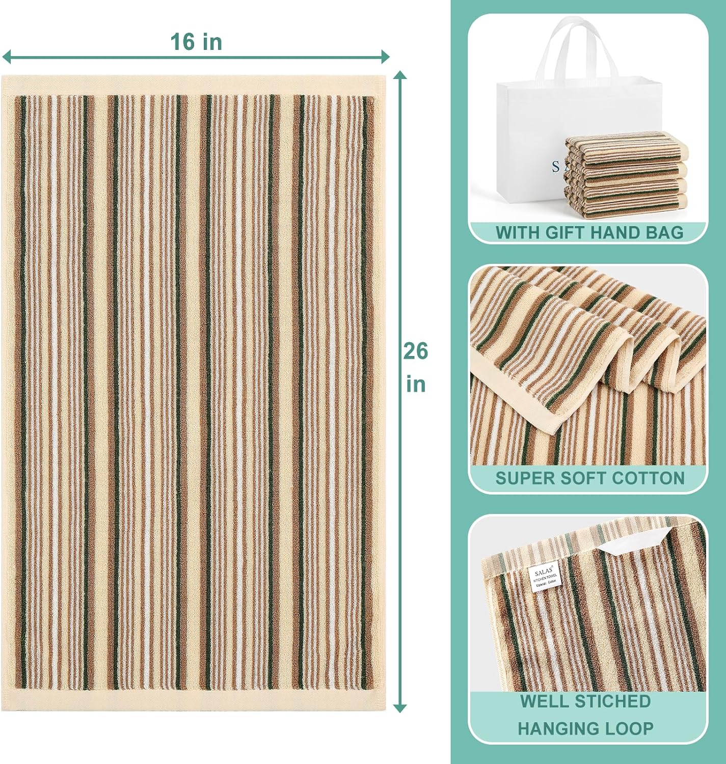 KitchenKey Premium Cotton Kitchen Dish Towels for Drying Dishes,Large Long Kitchen Hand Towels, Thick Highly Absorbent Dish Clothes Tea Towel Sets with Hanging Loop, 16" X 26", 4 Pcs