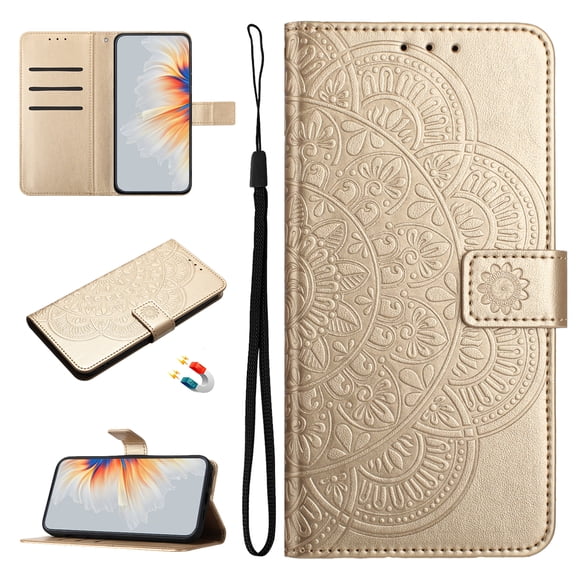 for Samsung Galaxy S26 Ultra Phone Case Wallet, Flip Folio Cover with Credit Card Holders Emboss Mandala Flower PU Leather Purse Wrist Strap Kickstand Protection Case for Women Men - Gold