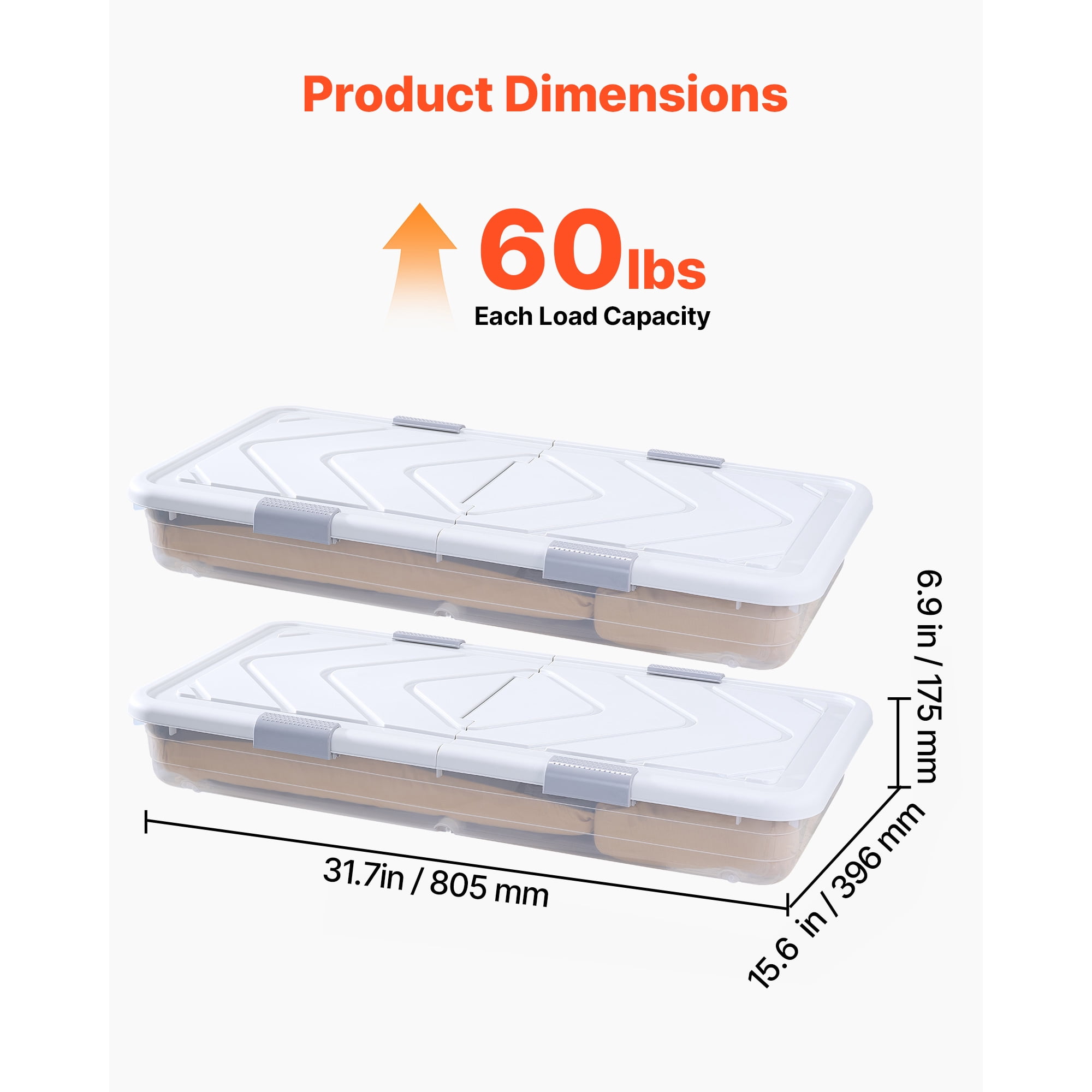 KFFKFF Under Bed Storage with Wheels, 31.7 x 15.6 x 6.9 inch Containers, Shoe Organizer with Lid & Gray Latch, Rolling Storage Bins for Clothes, Shoes, and Blankets, Set of 4