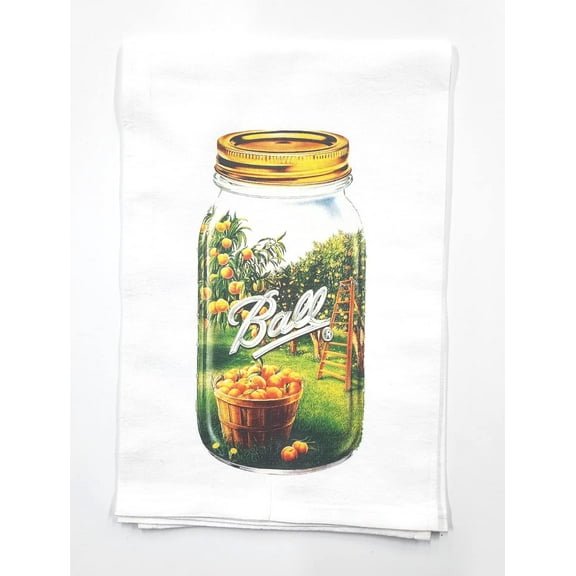 Country Farmhouse Ball Canning Peaches on White - Tea Towel - Flour Sack Towel - 100% Cotton - 9" x 13.5" - Kitchen- Baking - Camper - Gift - White Toner Digital Graphics - OKT035