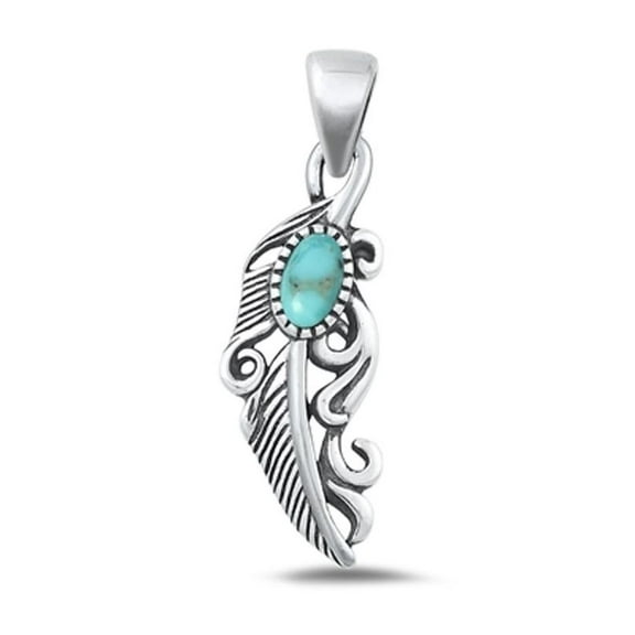 Sterling Silver Simulated Turquoise Feather Pendant High Polished Charm .925 New Jewelry Female
