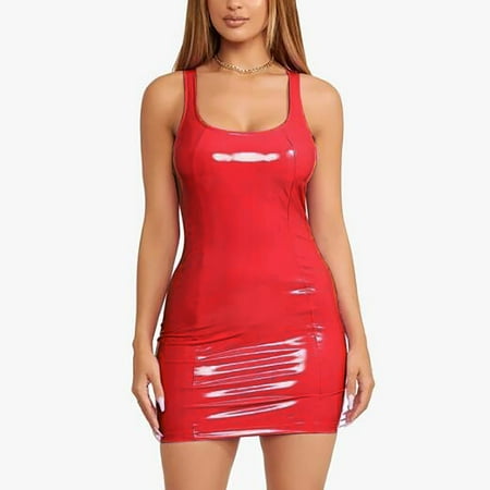 WILLBEST Vacation Dress Fashion Women Solid U Neck Sleeveless Leather Mini Bag Night Club Dress