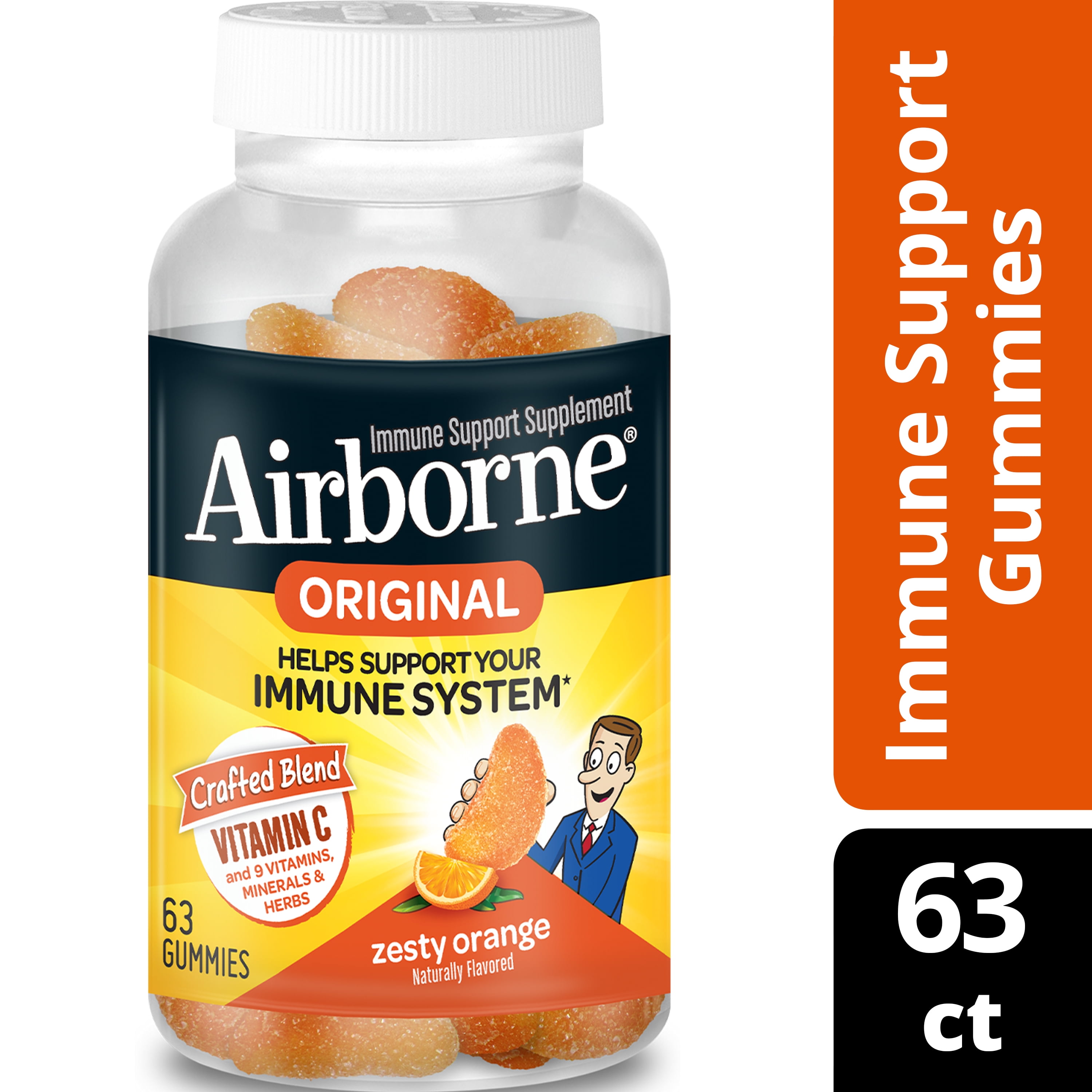 Airborne Zesty Orange Flavored Gummies, 63 count - 750mg of Vitamin C and Minerals & Herbs Immune Support (Packaging May Vary)