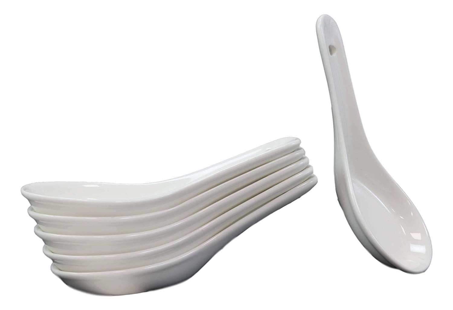 Contemporary Glossy White Porcelain Ceramic Soup Spoons With Hole Pack