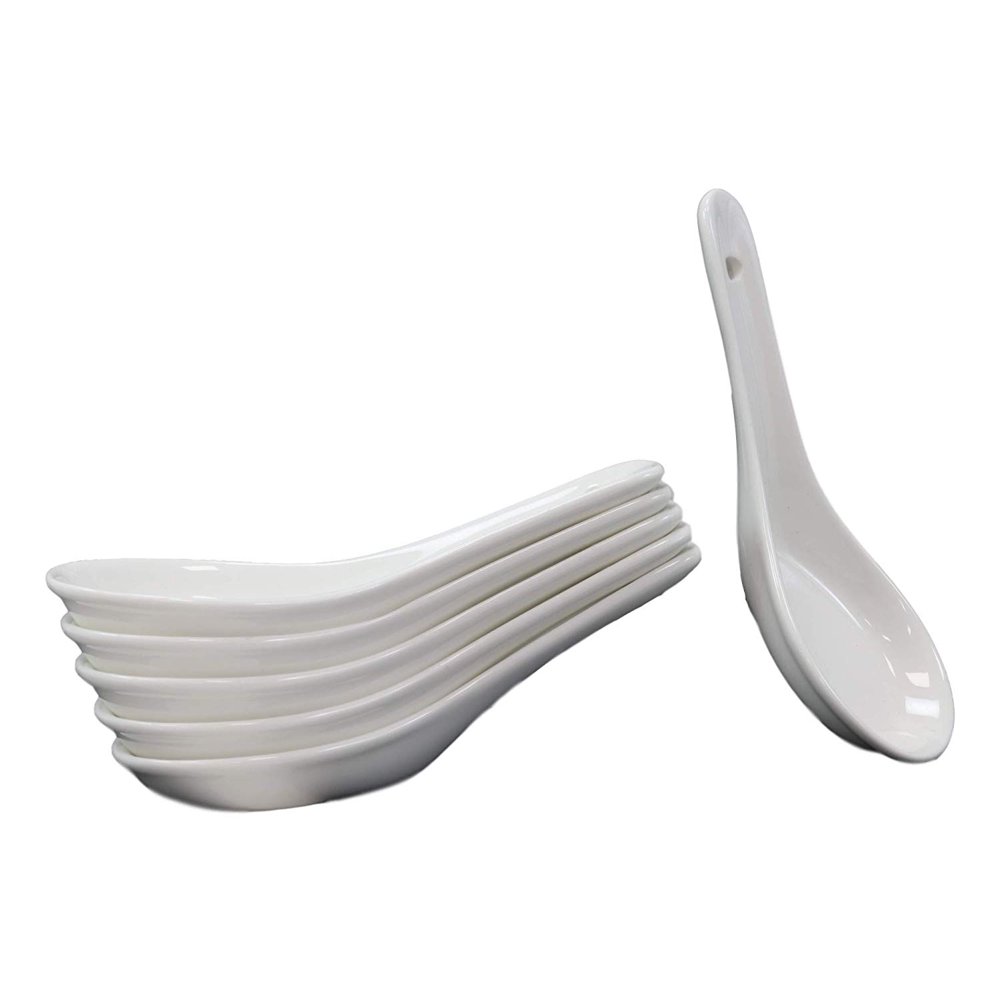 Contemporary Glossy White Porcelain Ceramic Soup Spoons With Hole Pack