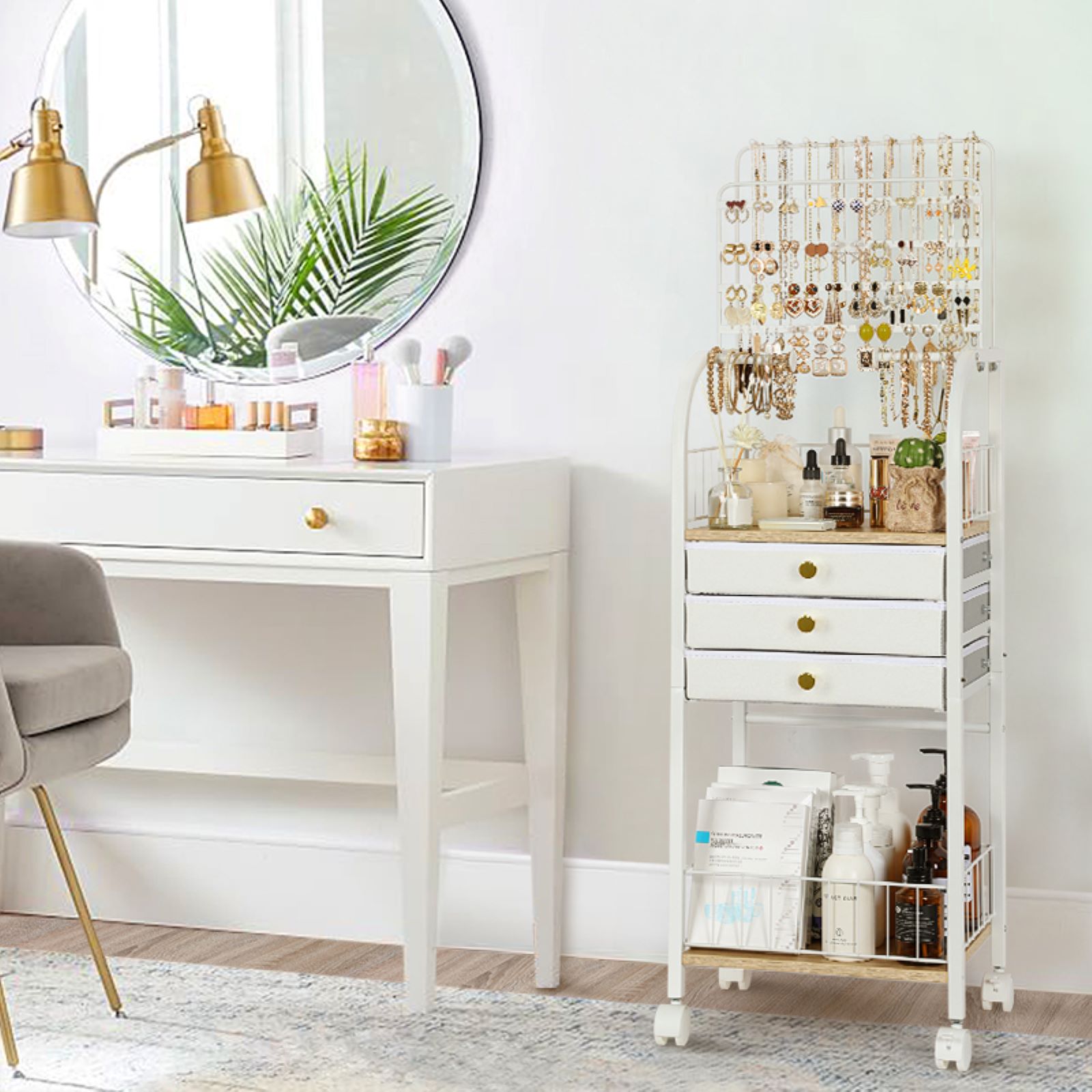 Olakee Large Jewelry Organizer Stand with 3 Drawers — for Necklace, Earring, Ring, Bracelet, Girls & Women, Modern, White