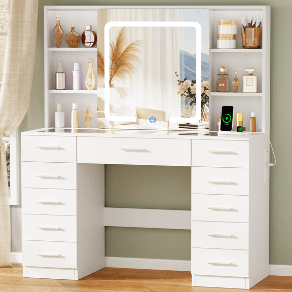 BEWISHOME Makeup Vanity Set with Sliding Mirror & Glass Top, Vanity Desk with 11 Drawers & Jewelry Box, Dressing Table for Bedroom, White
