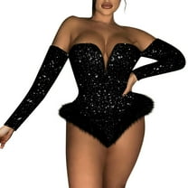 NMMUED Bodysuits for Women, Sequin Bodysuit, Sparkly Bodysuit for Women, Strapless Bodysuit, Party Outfits for Women, Black L