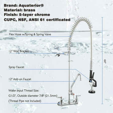 Aquaterior Commercial Wall Mount Pre-Rinse Faucet Double Handle Brass w/ 12
