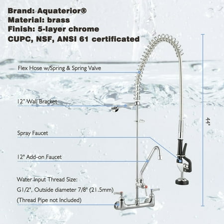 1 2 Faucet Aquaterior Commercial Wall Mount Pre-Rinse Faucet Double Handle Brass w/ 12
