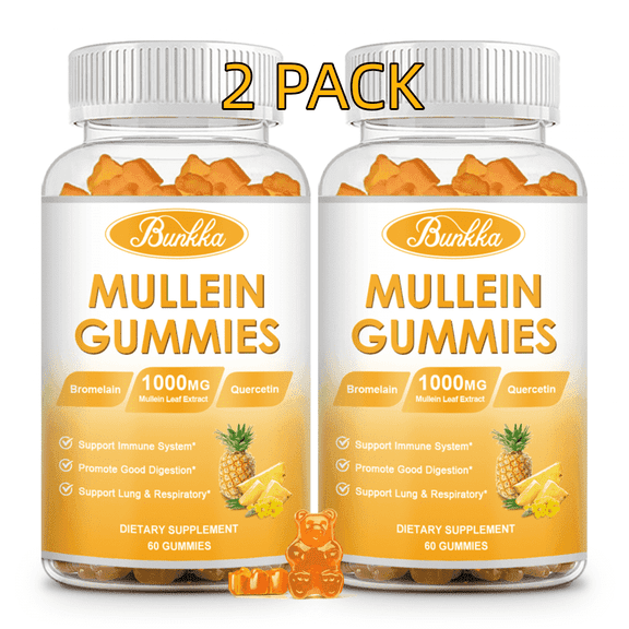 (2 Pack) Mullein Gummies for Lung Cleanse, Chewable Mullein Supplement Support Respiratory, Mullein Gummies with Quercetin & Bromelain for Lung, Digestive Health & Immune, Vegan, 120 Ct