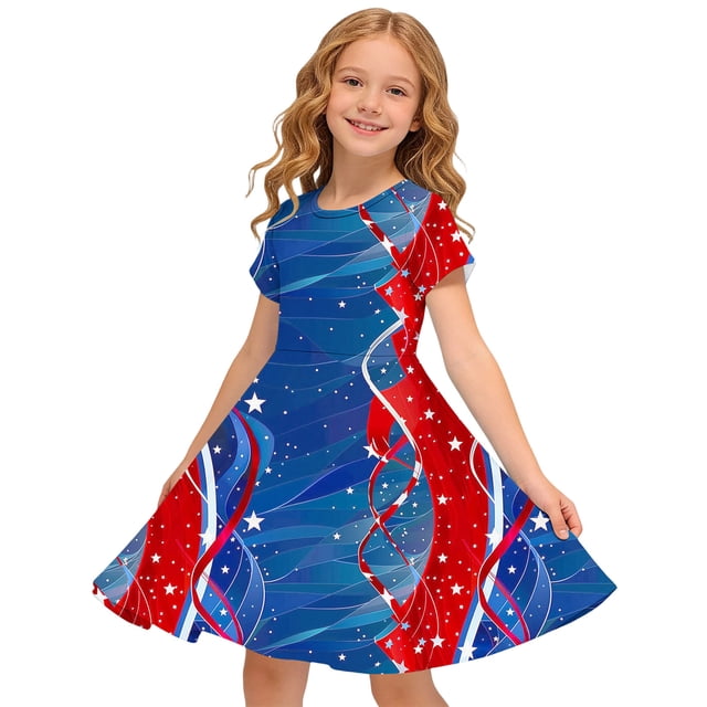 Odeerbi Niñas Día de La Independencia Vestido de Línea A Verano Patriótico Cuello Redondo Manga Corta Vestido Casual