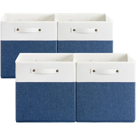 13 x 13 Inch Fine Linen Storage Bins with Handles，Fabric Cube Boxs，Collapsible Basket Organizers for Shelves for Home, Closet Drawers (White/Blue-4 Pack)