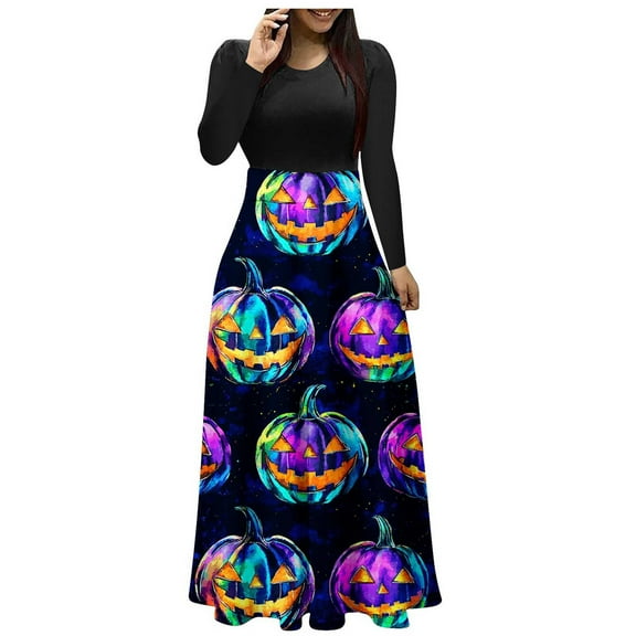 Miqool Halloween Costumes for Women Crew Neck Long Sleeve Maxi Dress Slim Fit Party Graphic Dress Casual Long Dresses