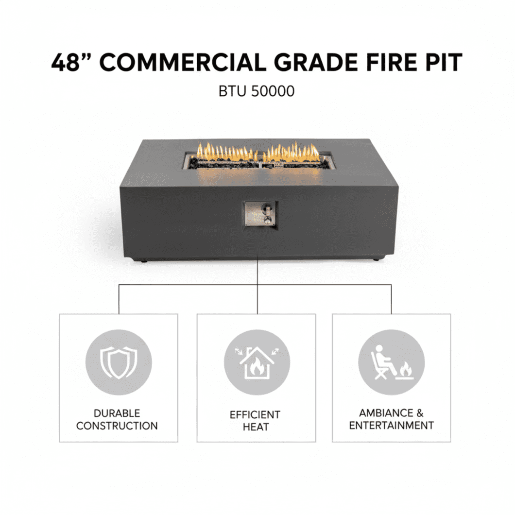 48" Propane Fire Pit Table, 50,000BTU Natural Gas Firepit Table with Lava Rock and Cover, Rectangule Concrete Fire Table with Adjustable Flame for Outside Patio, Light Grey