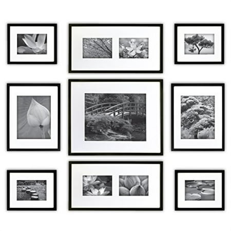 Photo Gallery Templates - GALLERY PERFECT 9 Piece Black Wood Photo Frame Wall Gallery Kit 14FW1019. Includes: Frames, Hanging Wall Template, Decorative A