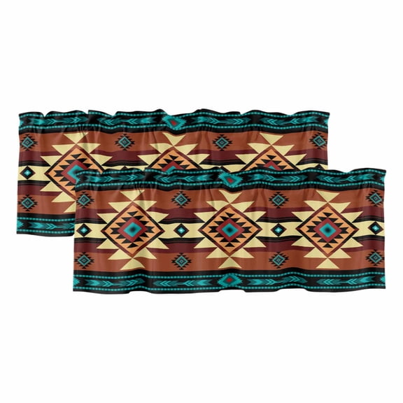 Turquoise Red Valances for Windows, Southwest American Native Abstract Pattern Light Filtering Kitchen Curtains, Rod Pocket Window Valance Curtains for Living Room Bedroom, 42" W x 12" L, 2 Panels