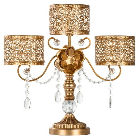 Amalfi Décor Antique 3 Pillar Crystal-Draped Hurricane Candle Holder Centerpiece (Gold) | Stainless Steel Frame with Glass Crystals